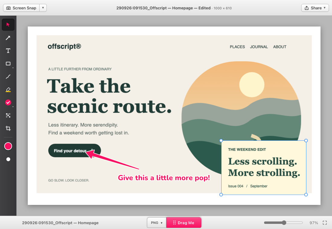 Skritch editor showing two image layers, a pink arrow and an editable annotation on a sample web design